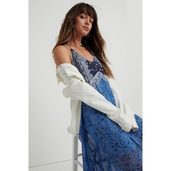Lucky Brand Layla Scarf Dress Womens Small Blue Floral Strappy Flowy Sheer Boho - Picture 2 of 14